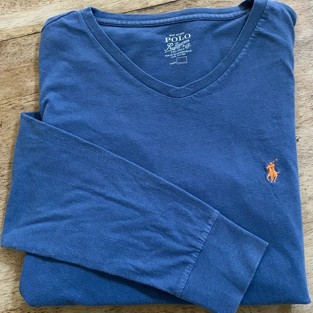 Polo by Ralph Lauren Men’s Large Slate Blue 100% Cotton V-neck Long Sleeve Tee‎